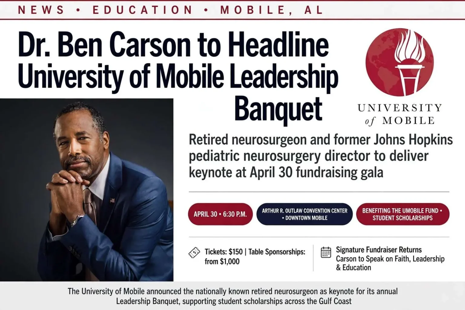 Illustration for the news story: Dr. Ben Carson to Headline University of Mobile Leadership Banquet