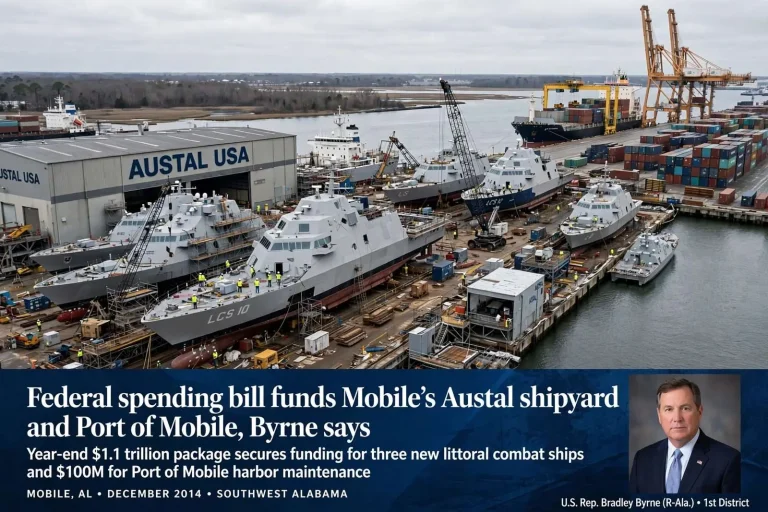 Illustration for the news story: Federal spending bill funds Mobile’s Austal shipyard and Port of Mobile, Byrne says