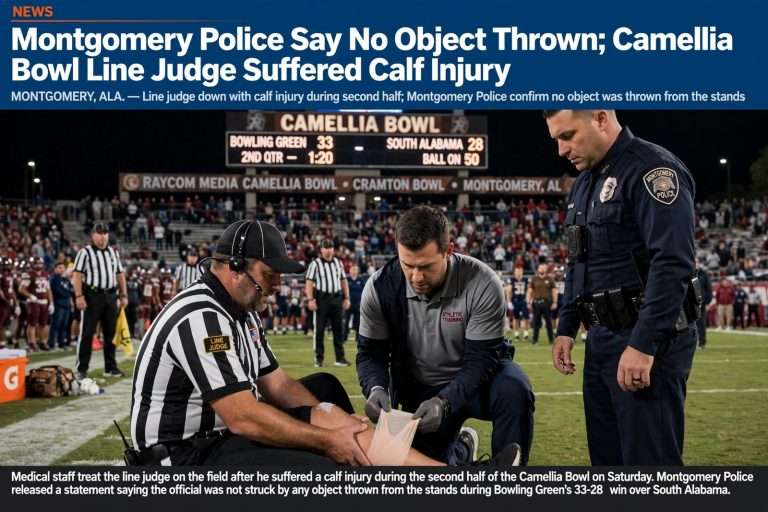 Illustration for the news story: Montgomery Police Say No Object Thrown; Camellia Bowl Line Judge Suffered Calf Injury