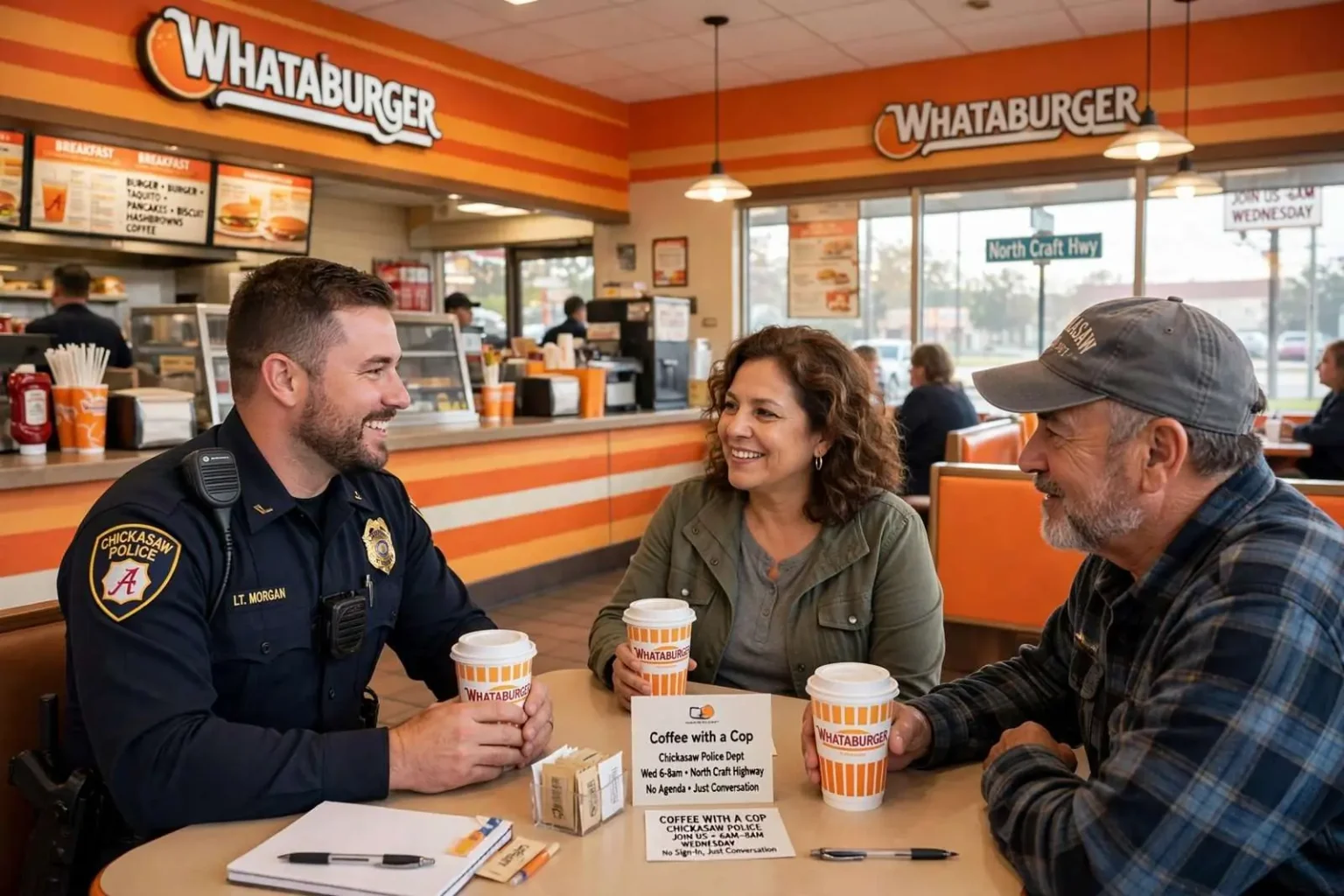 Illustration for the news story: Chickasaw police invite residents to ‘Coffee with a Cop’ at local Whataburger