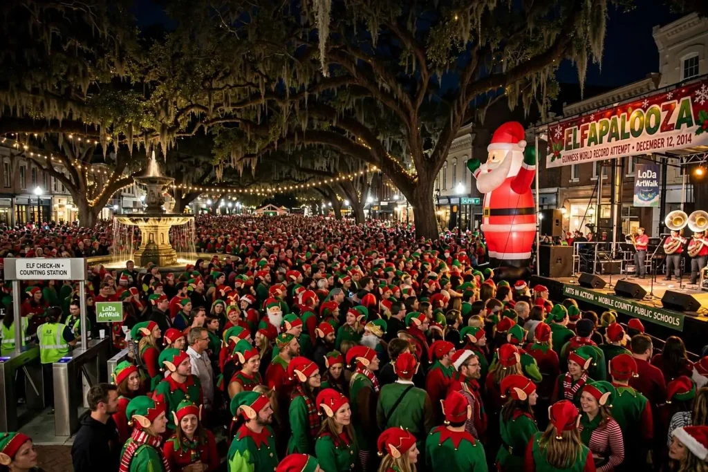 Illustration for the news story: Downtown Mobile’s Elfapalooza Falls Just Short of Guinness Elf Record