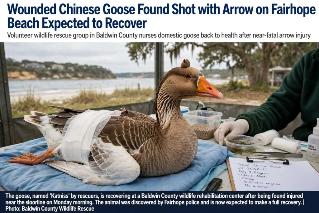 Illustration for the news story: Wounded Chinese goose found shot with arrow on Fairhope beach expected to recover