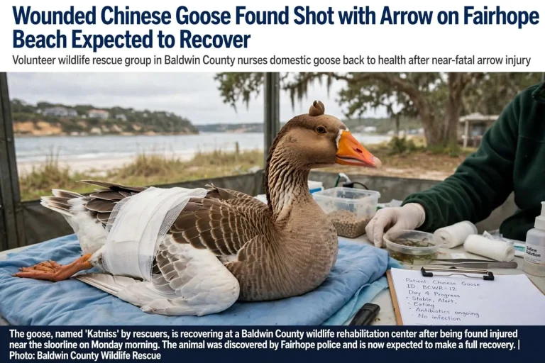 Illustration for the news story: Wounded Chinese goose found shot with arrow on Fairhope beach expected to recover