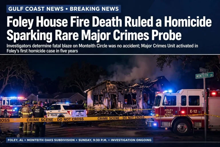Illustration for the news story: Foley House Fire Death Ruled a Homicide, Sparking Rare Major Crimes Probe