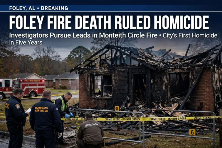 Illustration for the news story: Foley Fire Death Ruled Homicide as Investigators Pursue Leads