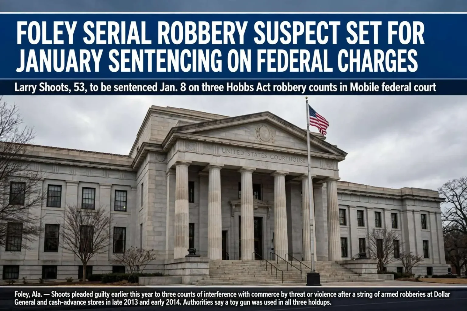Illustration for the news story: Foley Serial Robbery Suspect Set for January Sentencing on Federal Charges
