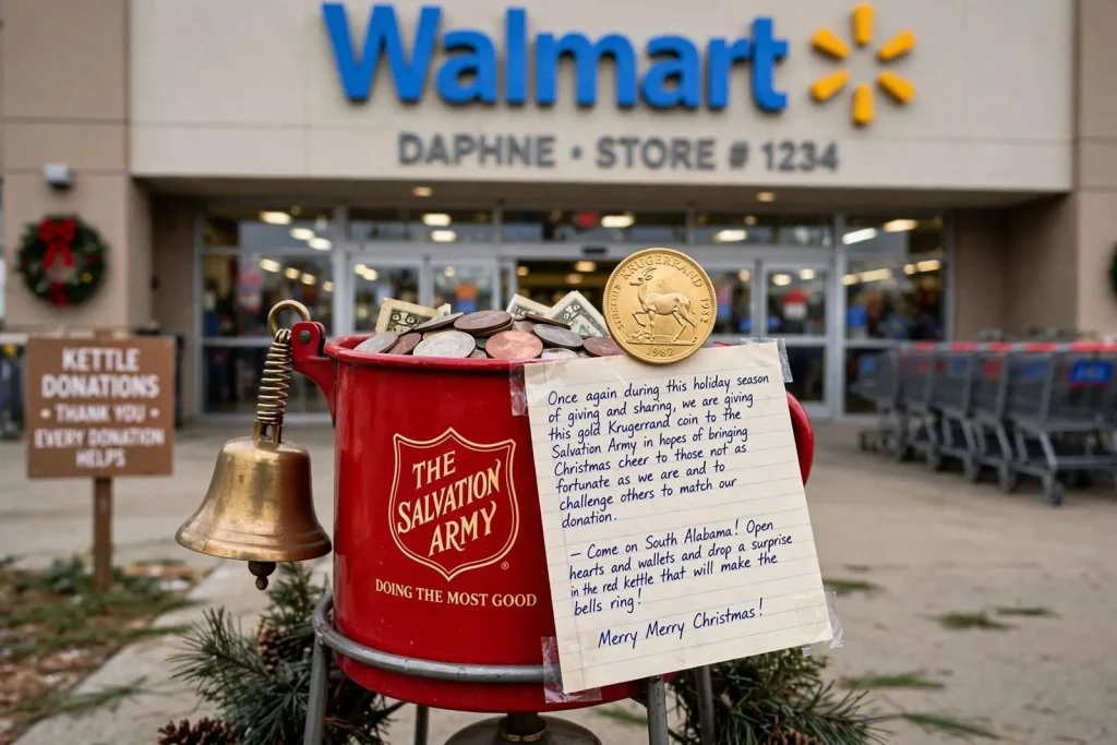 Illustration for the news story: Anonymous donor drops gold coin in Daphne Salvation Army kettle again