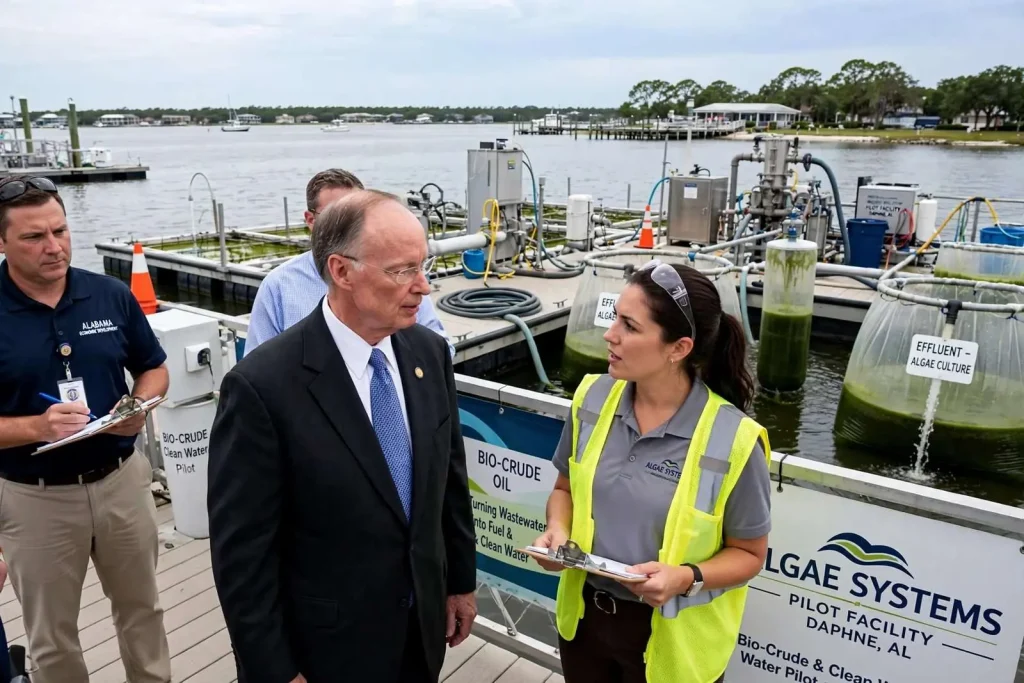 Illustration for the news story: Governor to tour Daphne firm turning bay algae into fuel and clean water