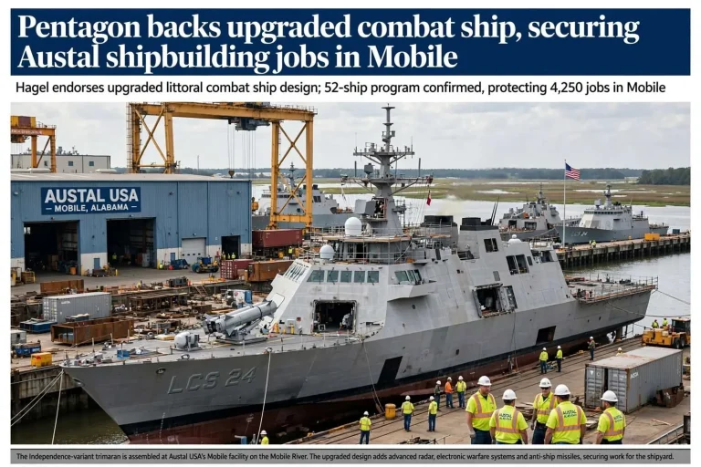 Illustration for the news story: Pentagon backs upgraded combat ship, securing Austal shipbuilding jobs in Mobile