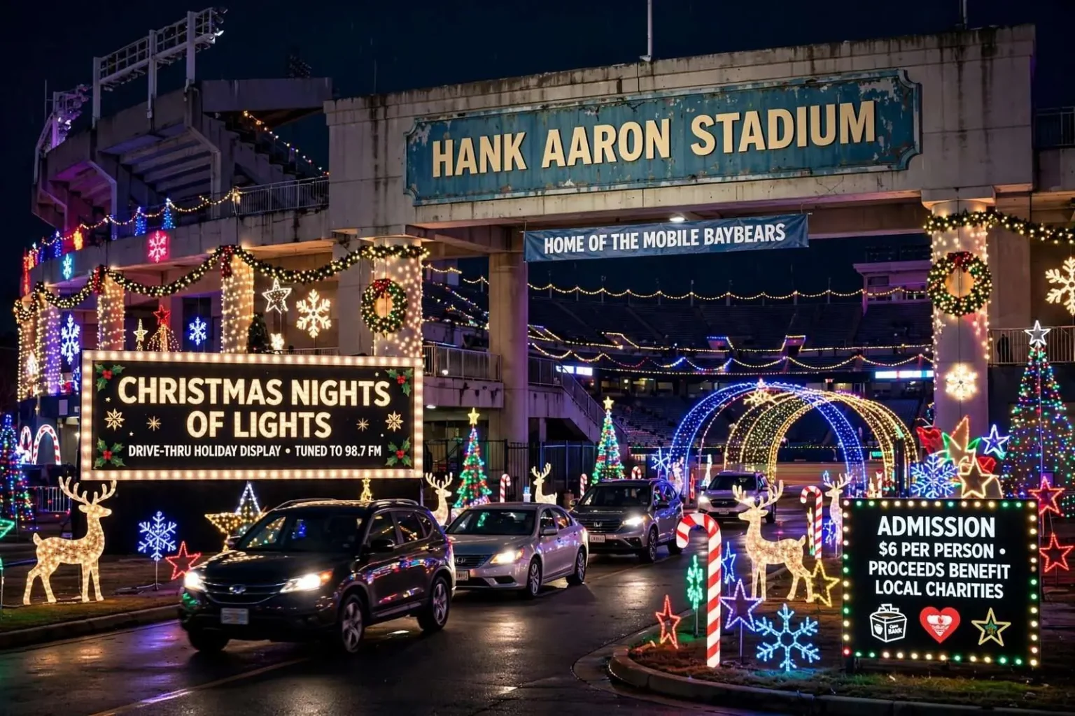 Illustration for the news story: Hank Aaron Stadium Lights Up for New Drive-Thru Holiday Display
