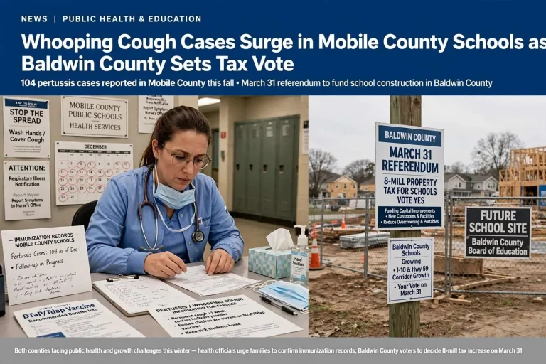 Illustration for the news story: Whooping Cough Cases Surge in Mobile County Schools as Baldwin County Sets Tax Vote