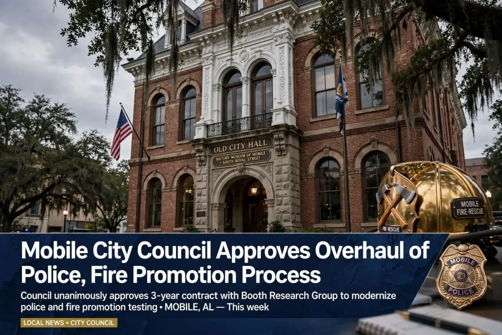 Illustration for the news story: Mobile City Council Approves Overhaul of Police, Fire Promotion Process