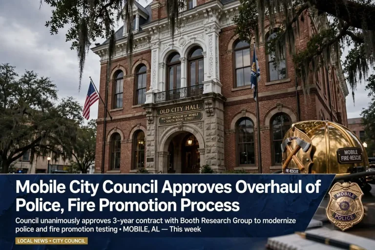 Illustration for the news story: Mobile City Council Approves Overhaul of Police, Fire Promotion Process