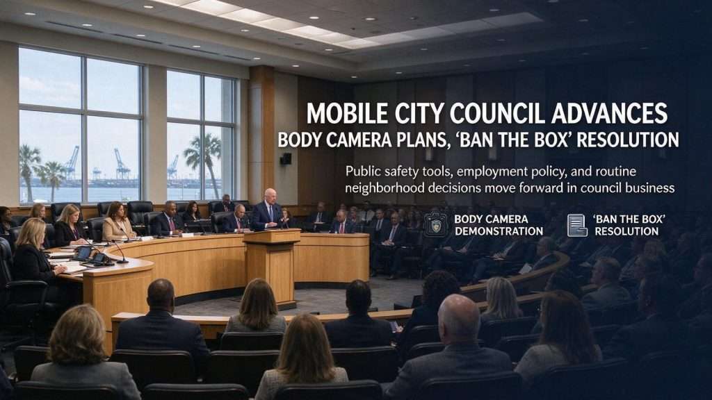 Illustration for the news story: Mobile City Council Advances Body Camera Plans, ‘Ban the Box’ Resolution