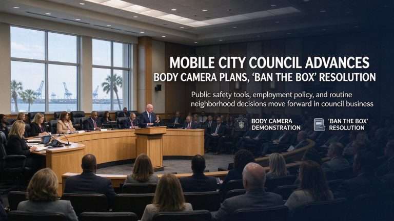 Illustration for the news story: Mobile City Council Advances Body Camera Plans, ‘Ban the Box’ Resolution