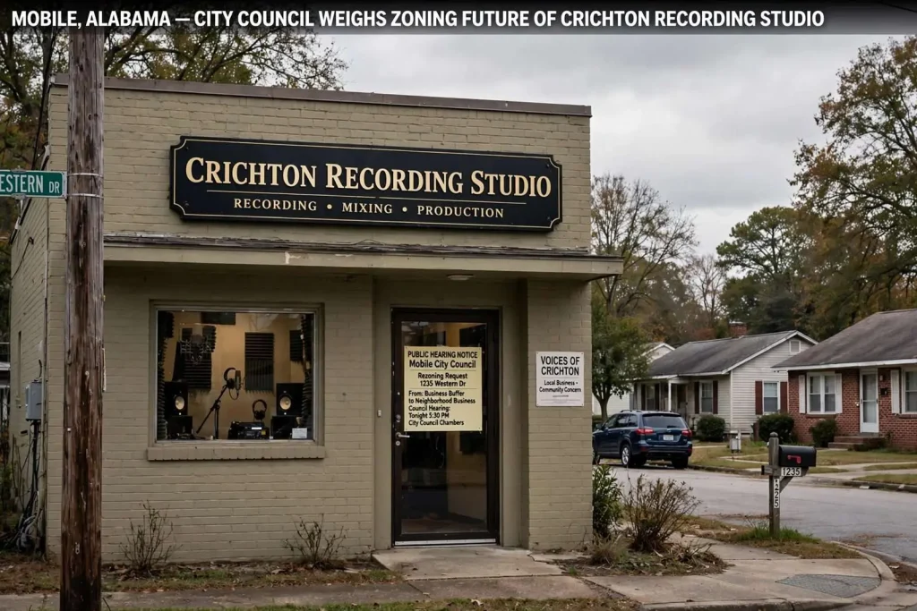 Illustration for the news story: Mobile City Council Weighs Fate of Crichton Recording Studio’s Zoning