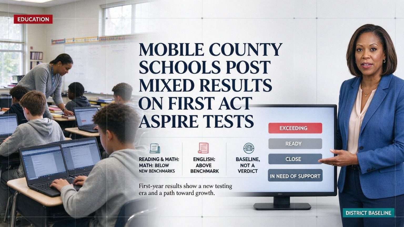 Illustration for the news story: Mobile County Schools Post Mixed Results on First ACT Aspire Tests