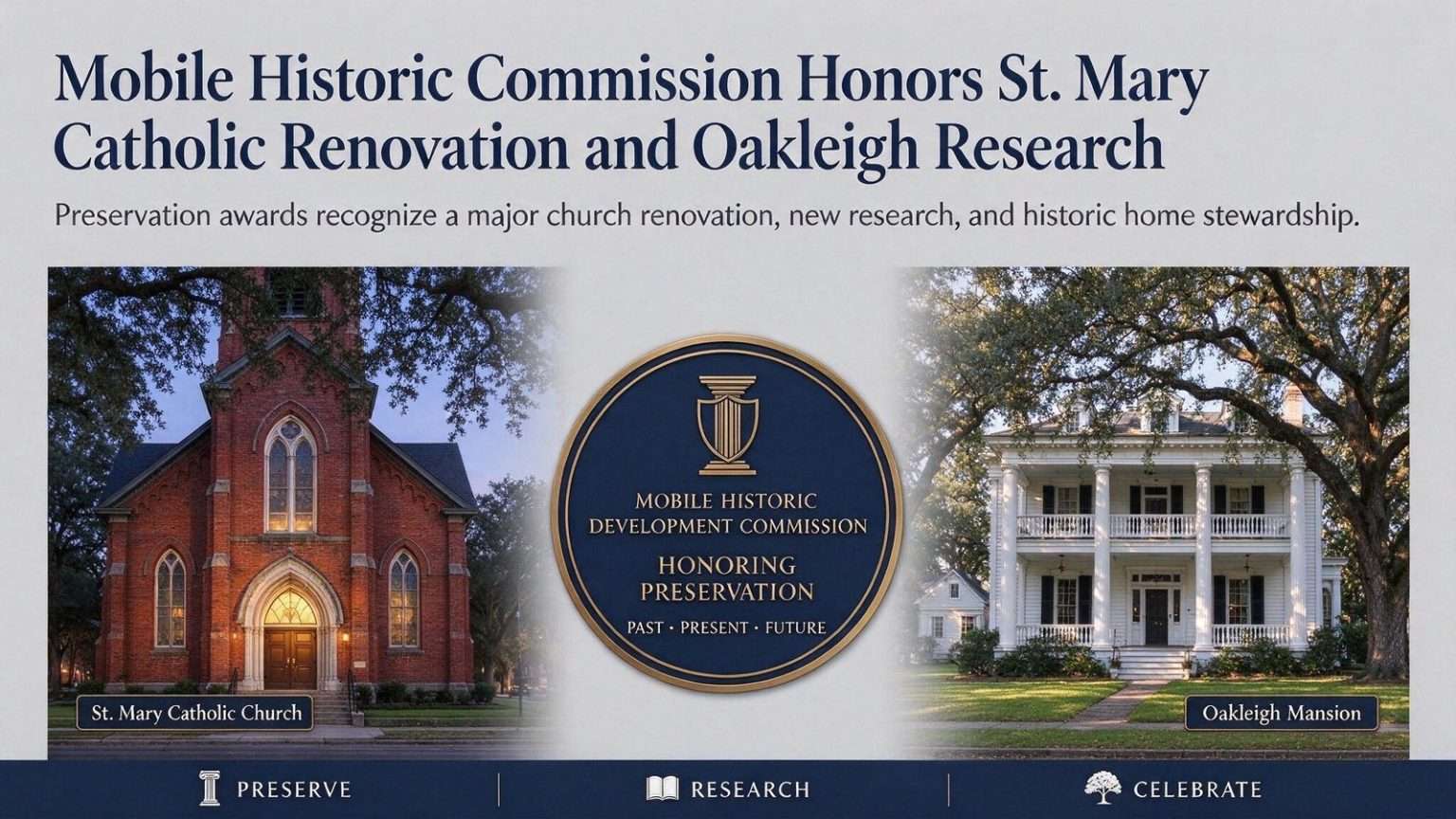 Illustration for the news story: Mobile Historic Commission Honors St. Mary Catholic Renovation and Oakleigh Research