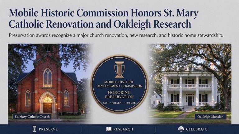 Illustration for the news story: Mobile Historic Commission Honors St. Mary Catholic Renovation and Oakleigh Research