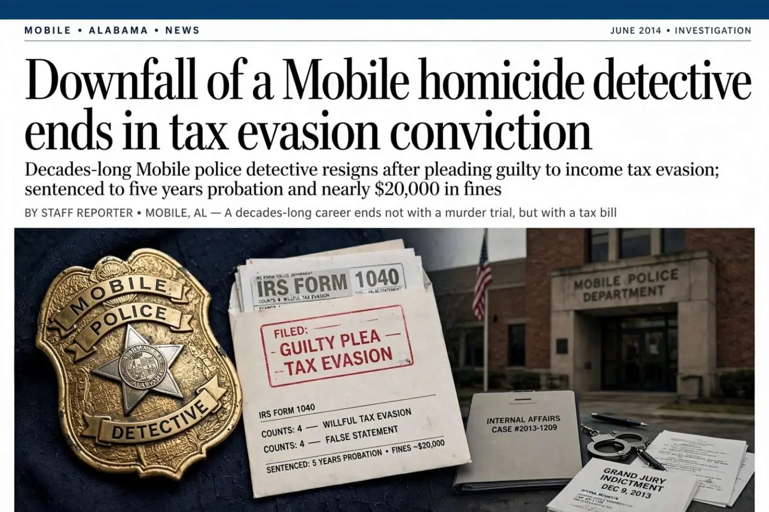 Illustration for the news story: Downfall of a Mobile homicide detective ends in tax evasion conviction