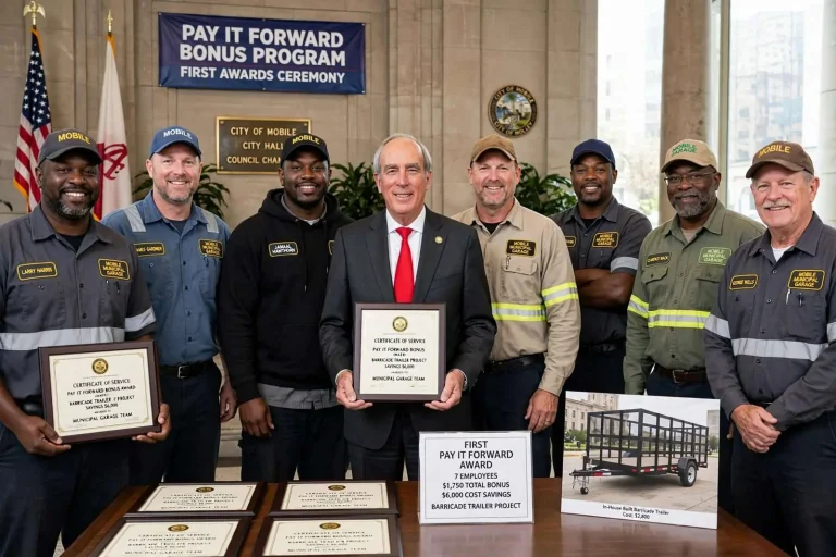 Illustration for the news story: Mobile Municipal Garage Workers Earn First ‘Pay It Forward’ Bonuses
