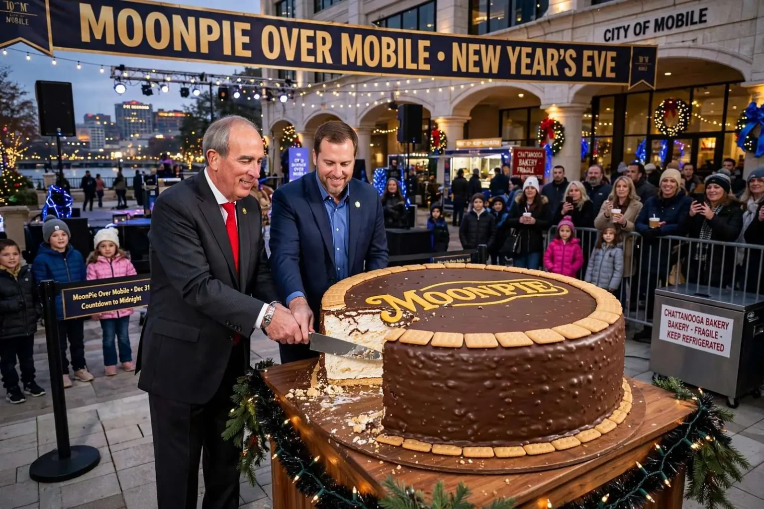 Illustration for the news story: Giant 154-Pound MoonPie Set to Headline Mobile’s New Year’s Eve Bash