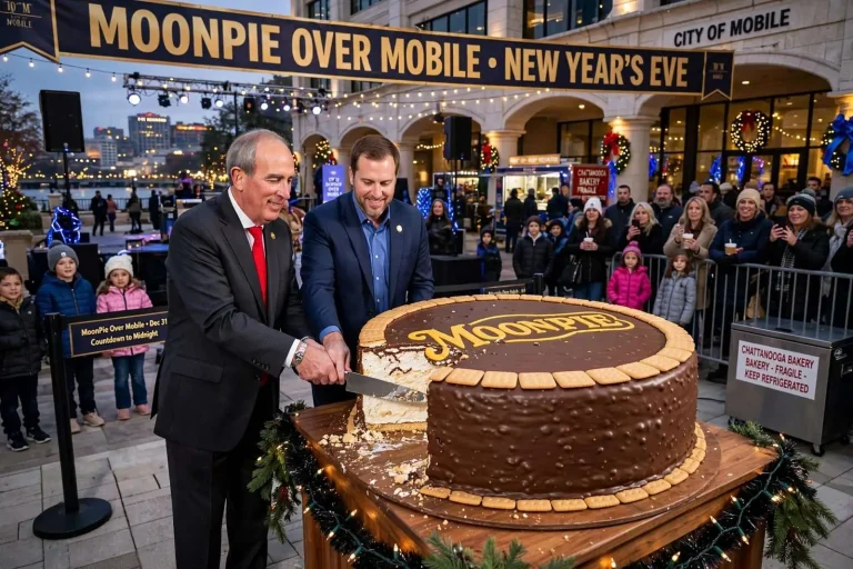 Illustration for the news story: Giant 154-Pound MoonPie Set to Headline Mobile’s New Year’s Eve Bash