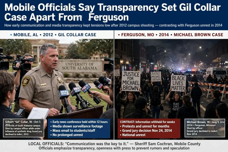 Illustration for the news story: Mobile Officials Say Transparency Set Gil Collar Case Apart From Ferguson