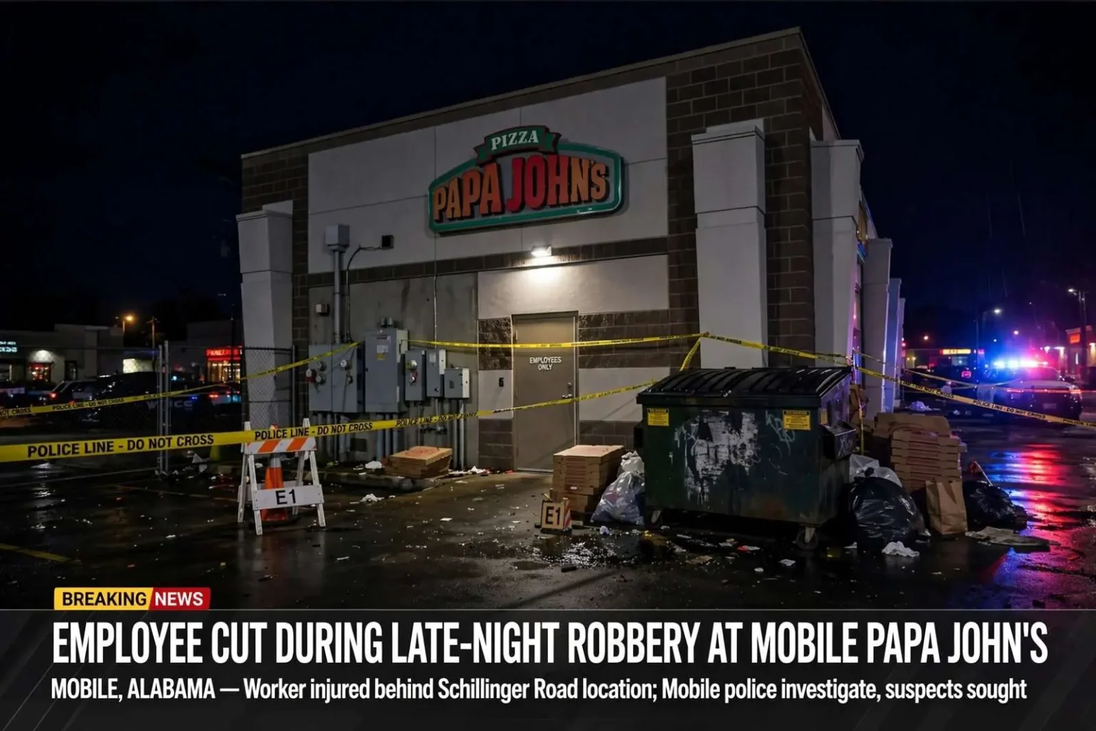 Illustration for the news story: Employee Cut During Late-Night Robbery at Mobile Papa John’s