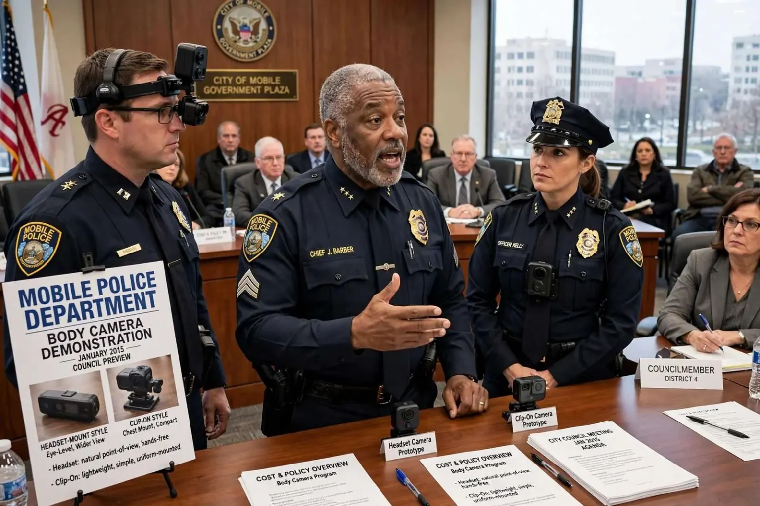 Illustration for the news story: Mobile Police Demonstrate Body Cameras Ahead of Council Vote