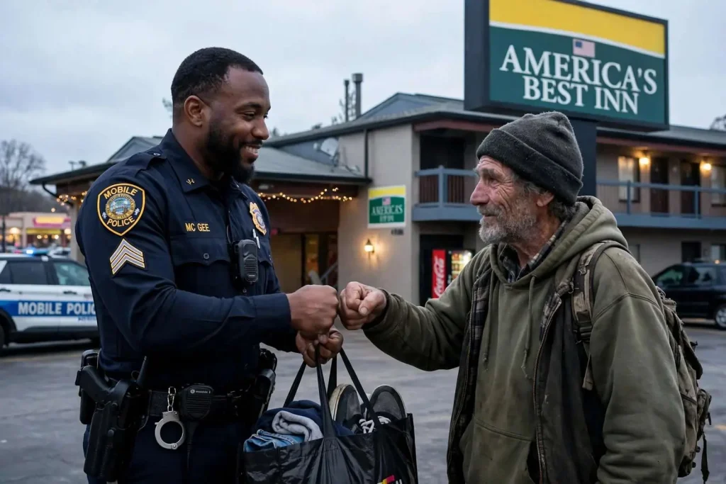 Illustration for the news story: Mobile Police Officer Turns Black Friday Guilt Into Holiday Kindness for Homeless Men