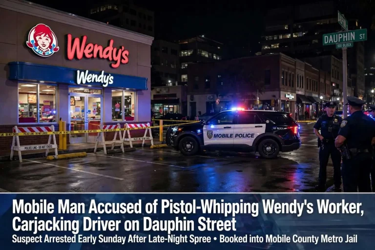 Illustration for the news story: Mobile Man Accused of Pistol-Whipping Wendy’s Worker, Carjacking Driver on Dauphin Street