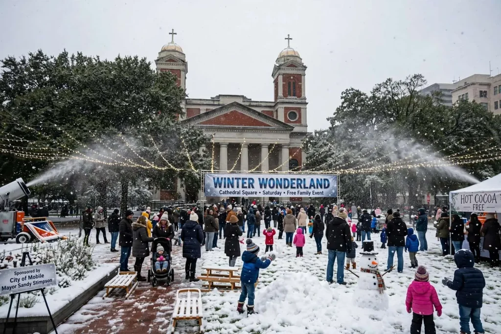 Illustration for the news story: Six Tons of Fake Snow to Fall on Mobile’s Cathedral Square