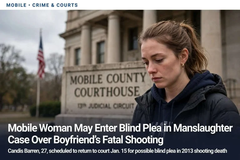 Illustration for the news story: Mobile Woman May Enter Blind Plea in Manslaughter Case Over Boyfriend’s Fatal Shooting