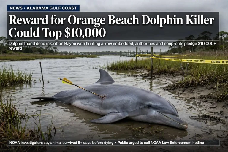 Illustration for the news story: Reward for Orange Beach Dolphin Killer Could Top $10,000