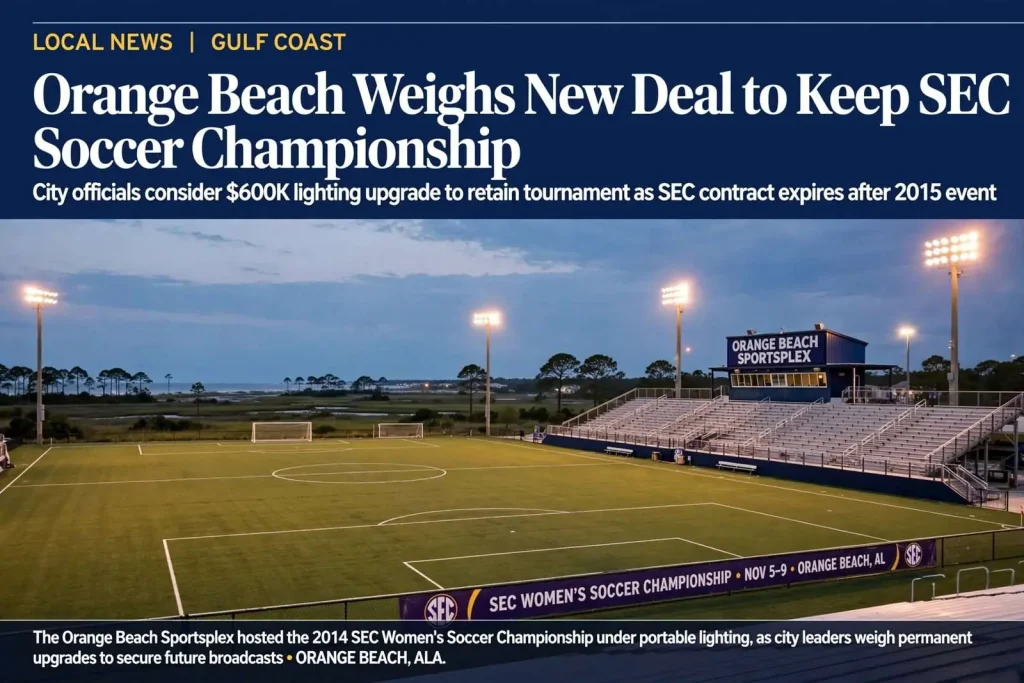 Illustration for the news story: Orange Beach Weighs New Deal to Keep SEC Soccer Championship