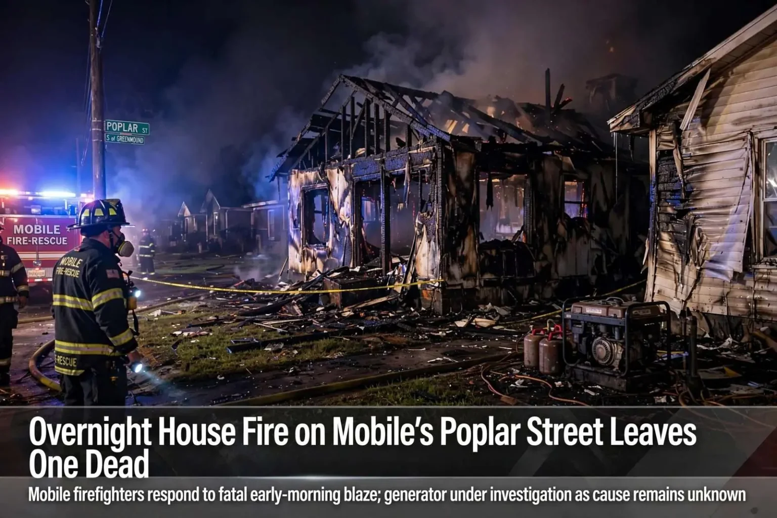 Illustration for the news story: Overnight House Fire on Mobile’s Poplar Street Leaves One Dead