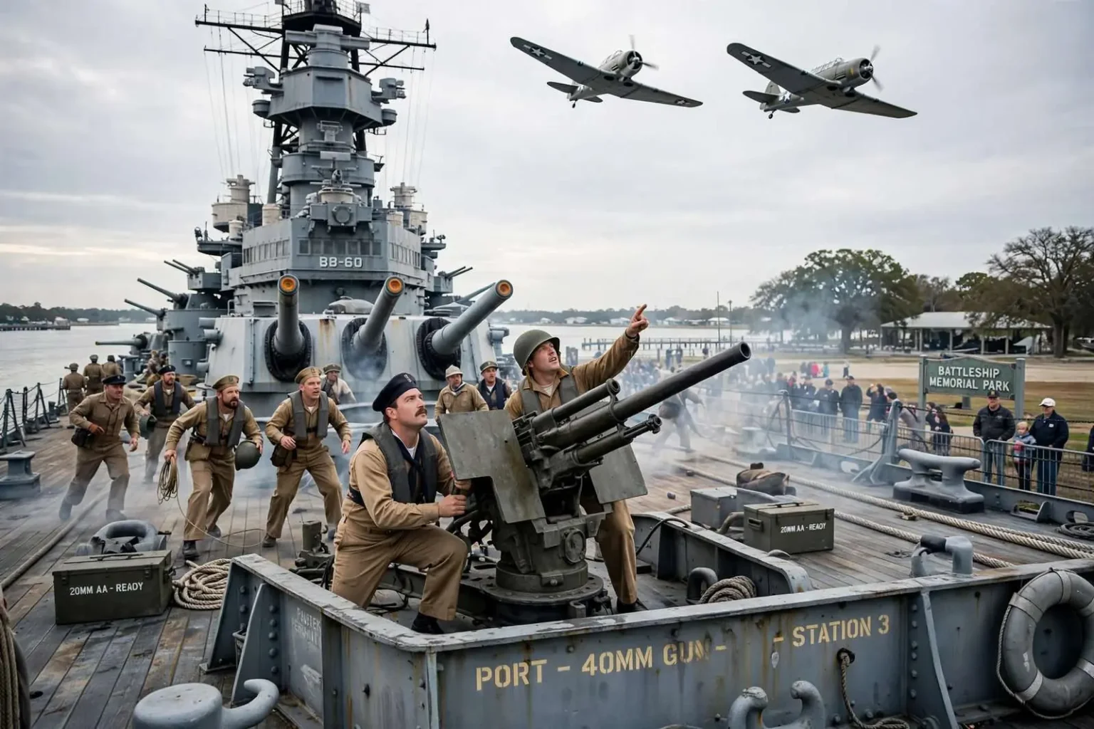 Illustration for the news story: Battleship Memorial Park Stages Pearl Harbor Attack Reenactment