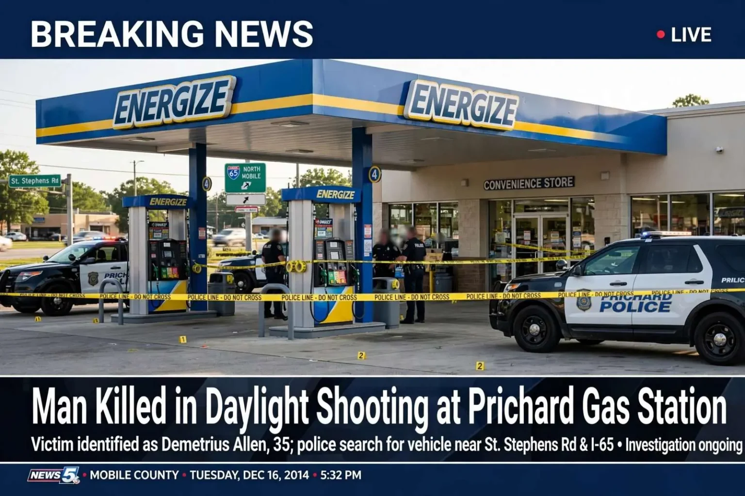 Illustration for the news story: Man Killed in Daylight Shooting at Prichard Gas Station