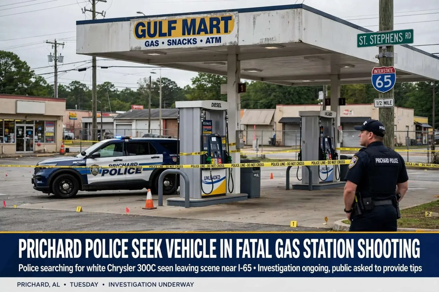 Illustration for the news story: Prichard Police Seek Vehicle in Fatal Gas Station Shooting
