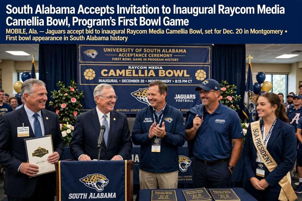 Illustration for the news story: South Alabama Accepts Invitation to Inaugural Raycom Media Camellia Bowl, Program’s First Bowl Game