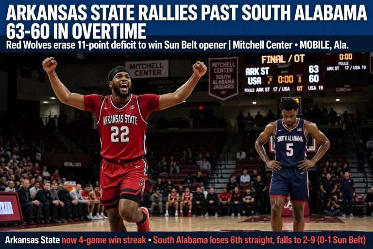Illustration for the news story: Arkansas State Rallies Past South Alabama 63-60 in Overtime in Sun Belt Opener