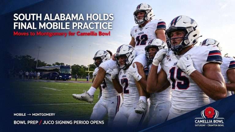 Illustration for the news story: South Alabama Holds Final Mobile Practice, Moves to Montgomery for Camellia Bowl as JUCO Signing Period Opens