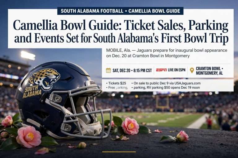 Illustration for the news story: Camellia Bowl Guide: Ticket Sales, Parking and Events Set for South Alabama’s First Bowl Trip