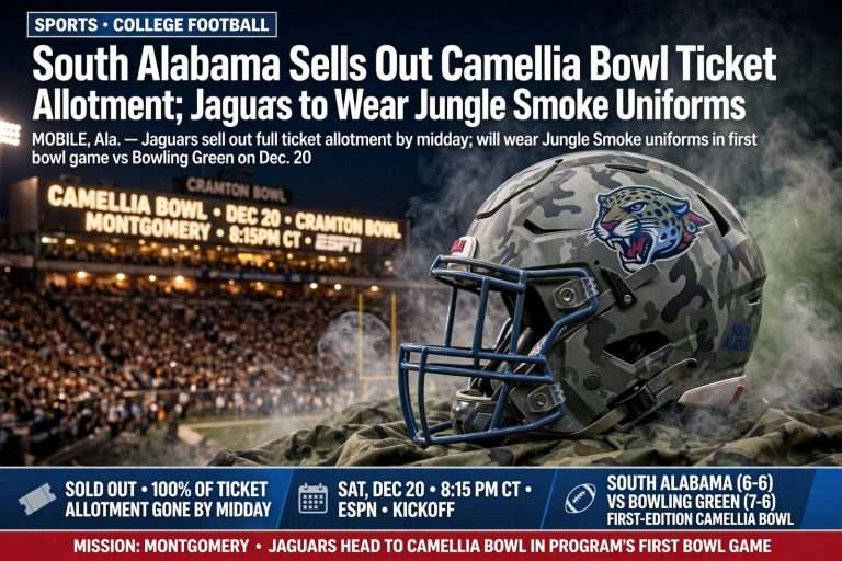 Illustration for the news story: South Alabama Sells Out Camellia Bowl Ticket Allotment; Jaguars to Wear Jungle Smoke Uniforms