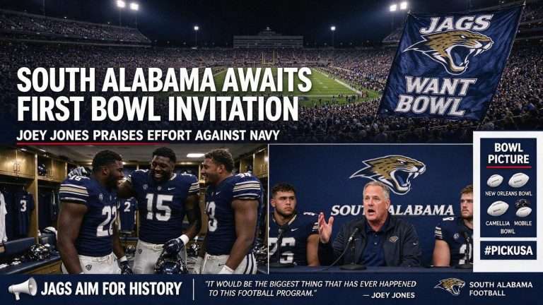 Illustration for the news story: South Alabama Awaits First Bowl Invitation as Joey Jones Praises Effort Against Navy