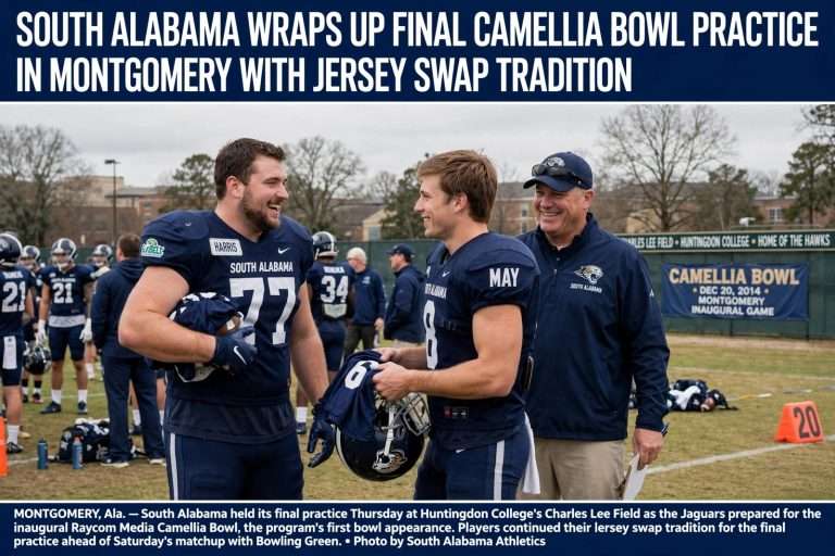 Illustration for the news story: South Alabama Wraps Up Final Camellia Bowl Practice in Montgomery With Jersey Swap Tradition