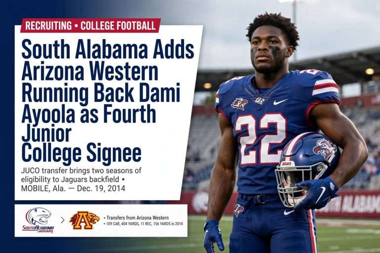 Illustration for the news story: South Alabama Adds Arizona Western Running Back Dami Ayoola as Fourth Junior College Signee