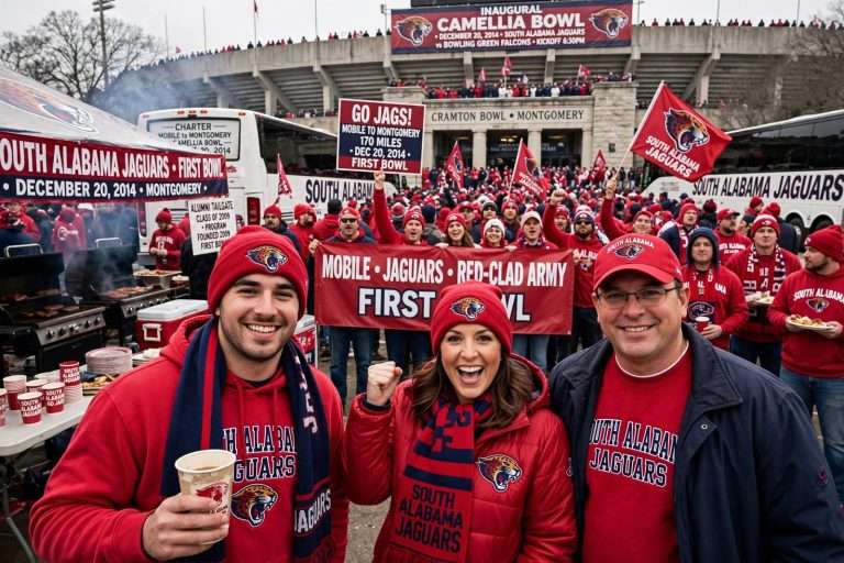 Illustration for the news story: Mobile Sends a Red-Clad Army to South Alabama’s First Bowl Game