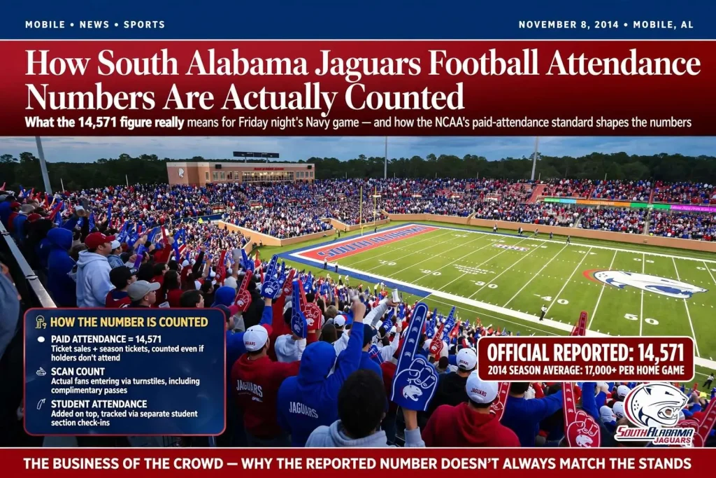 Illustration for the news story: How South Alabama Jaguars Football Attendance Numbers Are Actually Counted